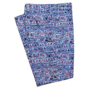 Mens 34 Gurkha Pants Blue Pink Art Print Cotton Trousers Flat Front Straight Fit
